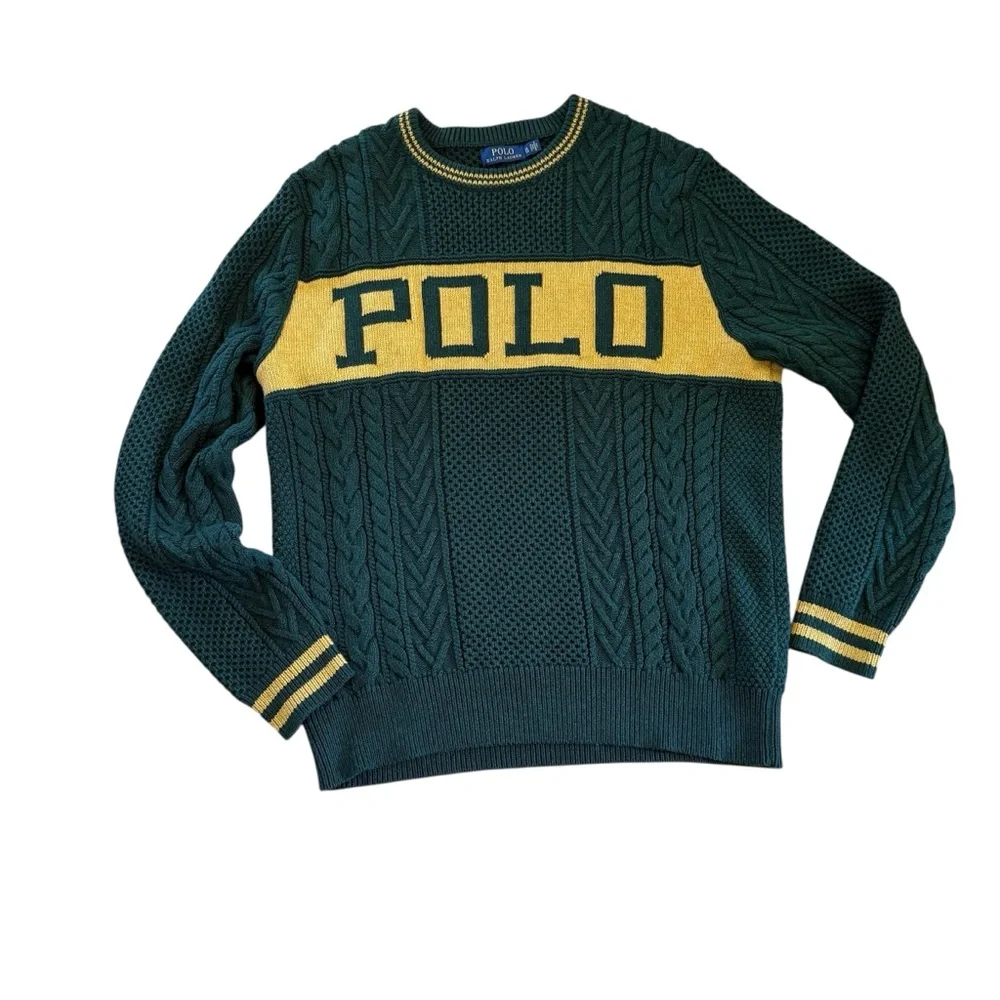 Polo Ralph Lauren Logo Aran Jumper Cotton Striped Sweater Men’s XL Quiet Luxury
